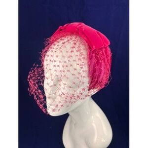 Vintage 50s Pink Velvet Fascinator Hat Veil Feather Cocktail Headpiece